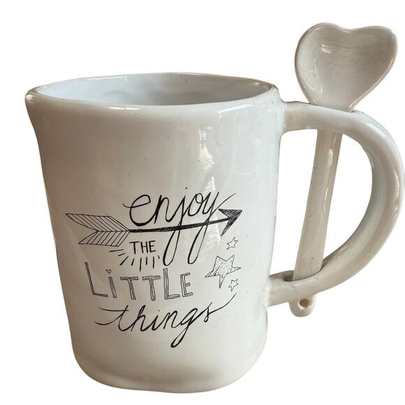 Coffee tea cup mug with heart spoon "Enjoy the little things" ceremnic farm core - Picture 1 of 5